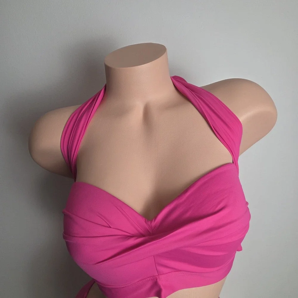 Cosabella Curvy Pink Convertible Halter Bandeau Bikini Set Ruched‎ Bottoms